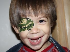 Easton is 2 years old and has been patching his entire life.  He was born with PHPV and had a cataract removed at birth.  He wears a contact lens to see and patches 8 hours a day.